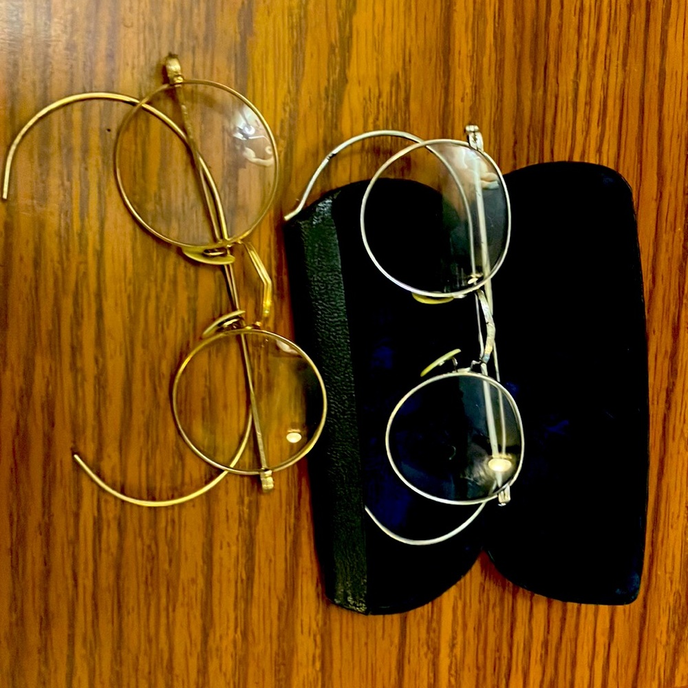 Two vintage pairs of eyeglasses and one eyeglass case, purchased at estate sale